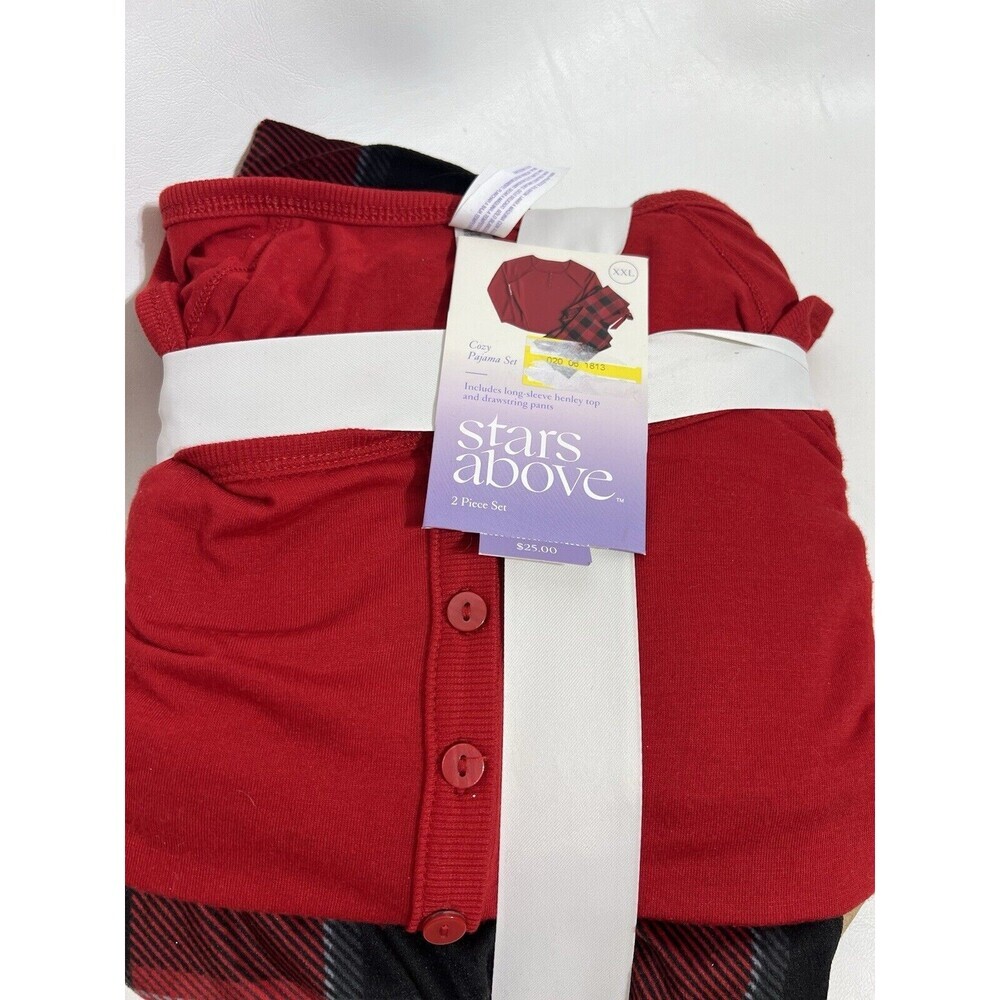 Women's Henley Pajama Gift Set Stars Above Red Buffalo Plaid Flannel XXL